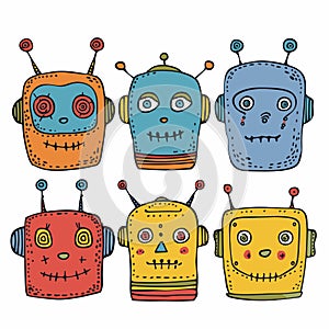 Six colorful cartoon robots different facial expressions white background. Childfriendly robot