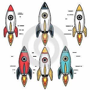 Six colorful cartoon rockets ascending, different color schemes. Simplistic design, ideal photo