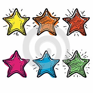 Six colorful cartoon stars doodled vibrant hues energetic linework. Handdrawn stars feature photo