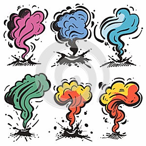 Six colorful cartoonstyle explosions depicting dynamic movement energy, explosion features