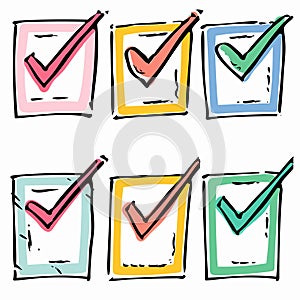 Six colorful check marks inside squares handdrawn style. Checklist confirmation success approval