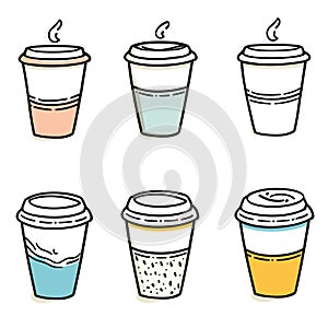 Six colorful coffee cups lids illustrated, unique color design, depicting steaming beverages photo