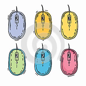 Six colorful computer mice displayed two rows, handdrawn style illustration, mouse has different