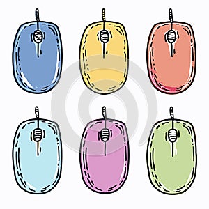 Six colorful computer mice handdrawn, varying hues displayed against pure white. Sketched