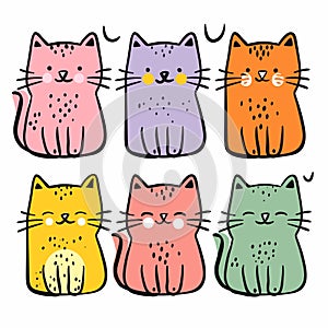 Six colorful cute cartoon cats various expressions. Cats sitting simple outlines, whiskers photo