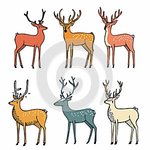 Six colorful deer illustrations, deer unique antler shapes spots. Handdrawn art style, vibrant