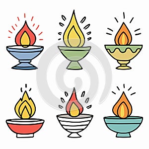 Six colorful diya lamps illustrated vibrant flames decorative designs. Diyas various colors