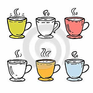 Six colorful doodle style coffee cups steam emitting, suggesting hot beverages. Handdrawn mugs
