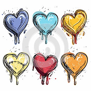 Six colorful dripping hearts, handdrawn various hues. Dripping paint effect adds dynamic emotional photo