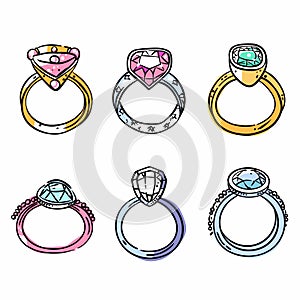 Six colorful engagement rings, featuring different gemstone, set against isolated white