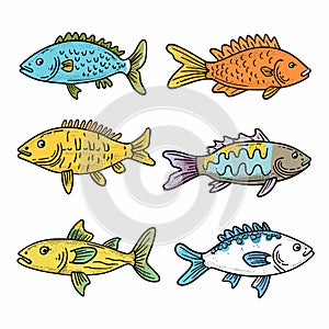 Six colorful fish illustrations, detailed scales, fins gills, cartoonstyle sea creatures