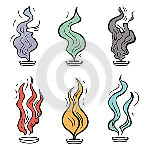 Six colorful flames smoke designs rising small bowls, artistic creative representation, cool warm photo