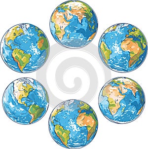 Six colorful globes representing Earth various angles, globe illustrates different continents