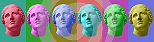Six colorful gypsum copy of ancient statue Venus head isolated on a multicolors background. Zin art. photo