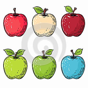 Six colorful handdrawn apples artistic shading. Top row has red, beige, maroon apples bottom row photo