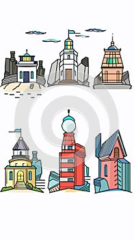 Six colorful handdrawn buildings, various architectural styles, white isolated background photo