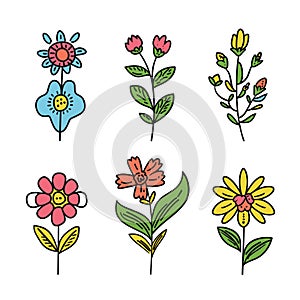 Six colorful handdrawn flowers, whimsical floral designs, isolated white background. Cartoon
