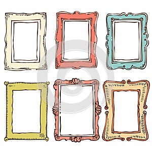 Six colorful handdrawn picture frames, various styles ornaments, empty centers photos artwork photo