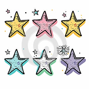 Six colorful handdrawn stars decorative dots smaller stars scattered around, doodle style, yellow photo