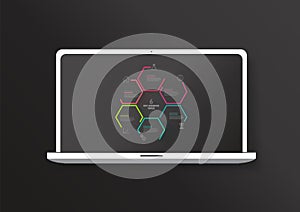 Six colorful hexagon vector progress steps illustration with icons and place for your company information shown on laptop screen