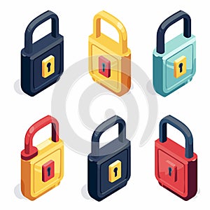 Six colorful isometric padlocks illustrated 3D look, padlock keyhole, suggesting security photo