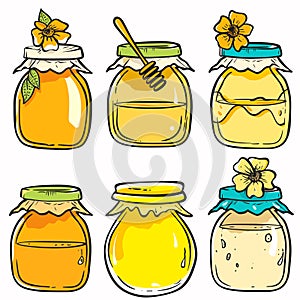 Six colorful jars honey, designed uniquely lids flowers. Bright cartoonstyle illustration