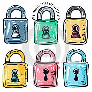 Six colorful padlocks handdrawn cartoon style. Various colors padlock security concept doodle