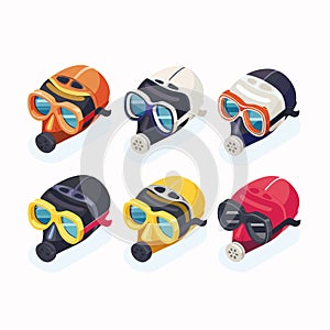 Six colorful scuba diving masks, snorkels, side perspective, diving mask features two lenses photo