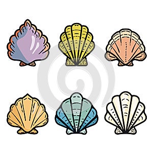 Six colorful seashell icons presented against isolated white background, seashell features photo