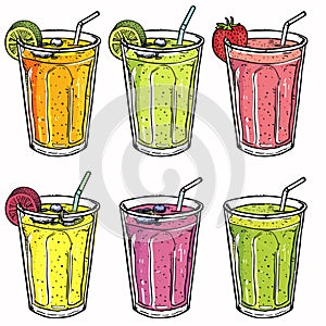 Six colorful smoothie drinks clear glasses garnished, sketched style, vibrant colors, drink