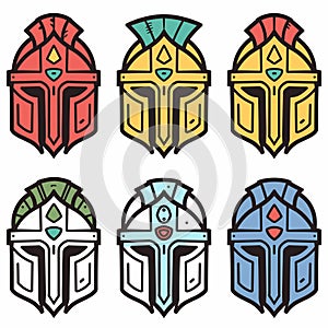 Six colorful Spartan helmets showcasing various designs patterns, helmet features combination two