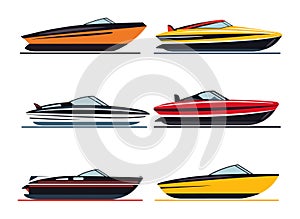 Six colorful speedboats side view collection. Boats with different designs and styles on water. Marine transport and