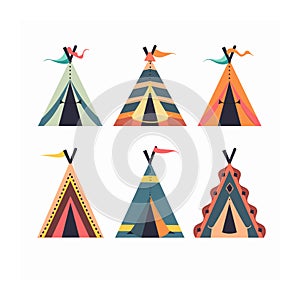 Six colorful teepees arranged two rows, featuring unique geometric patterns color schemes. Flat photo