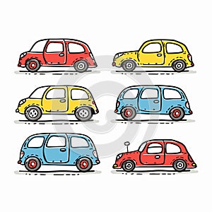 Six colorful vintage cars cartoon illustration, retro car has distinct twotone color schemes photo