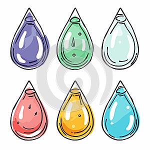 Six colorful water drops cartoon style isolated white background. Different shades include purple