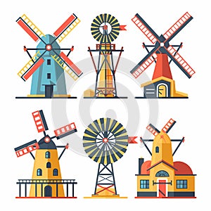 Six colorful windmill wind pump vector illustrations represent rustic charm renewable energy photo