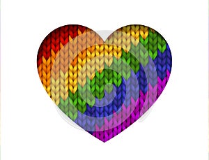 Six colour rainbow knitted heart shape for lesbian, gay, bisexual, transgender isolated on white background. Vector