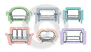 Six comfortable sofa with pillows. Flat illustration with settee on shape background. Modern stylish object for relaxation. Set