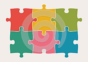 Six connected jigsaw puzzle parts. Infographic template with matching pieces. Teamwork concept.