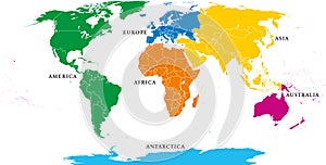 Six continents, political world map, with borders