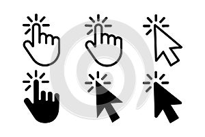 Six Cursor Icons Hand and Arrow Pointing on White Background pointer click