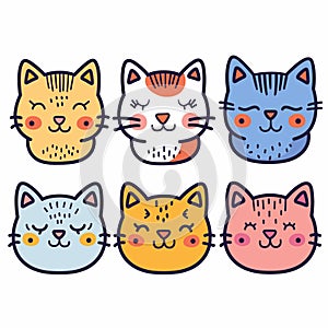 Six cute cartoon cat faces, colorful collection, smiling expressions. Various cat breeds