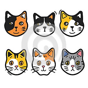 Six cute cartoon cat faces various colors patterns. Handdrawn style domestic feline portraits