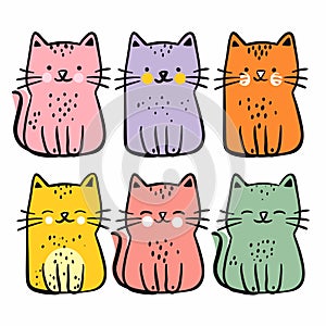 Six cute cartoon cats various colors isolated white background, cat depicts different expressions