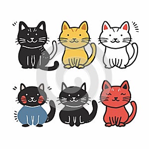 Six cute cartoon cats various colors smiling happily. Diverse set feline characters