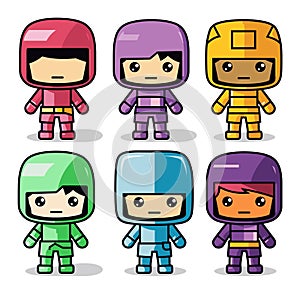 Six cute cartoon characters in colorful costumes resembling mini astronauts or robots. Playful and fun tiny space heroes