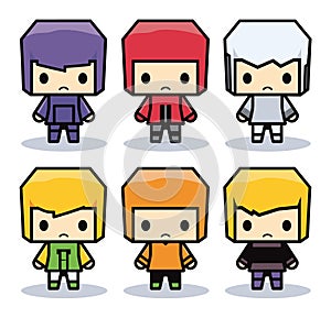 Six cute cartoon characters with oversized heads and small bodies, colorful outfits, bold colors. Simplistic design