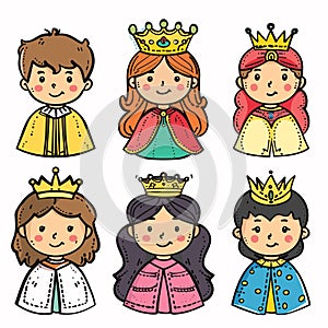 Six cute cartoon characters resembling children dressed monarchs illustrated, wearing royal crown