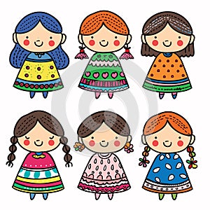 Six cute cartoon girls smiling, wearing different colorful dresses, childlike simple