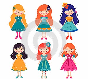 Six cute cartoon girls varying hairstyles dresses colors smiling, girl unique dress hairstyle photo